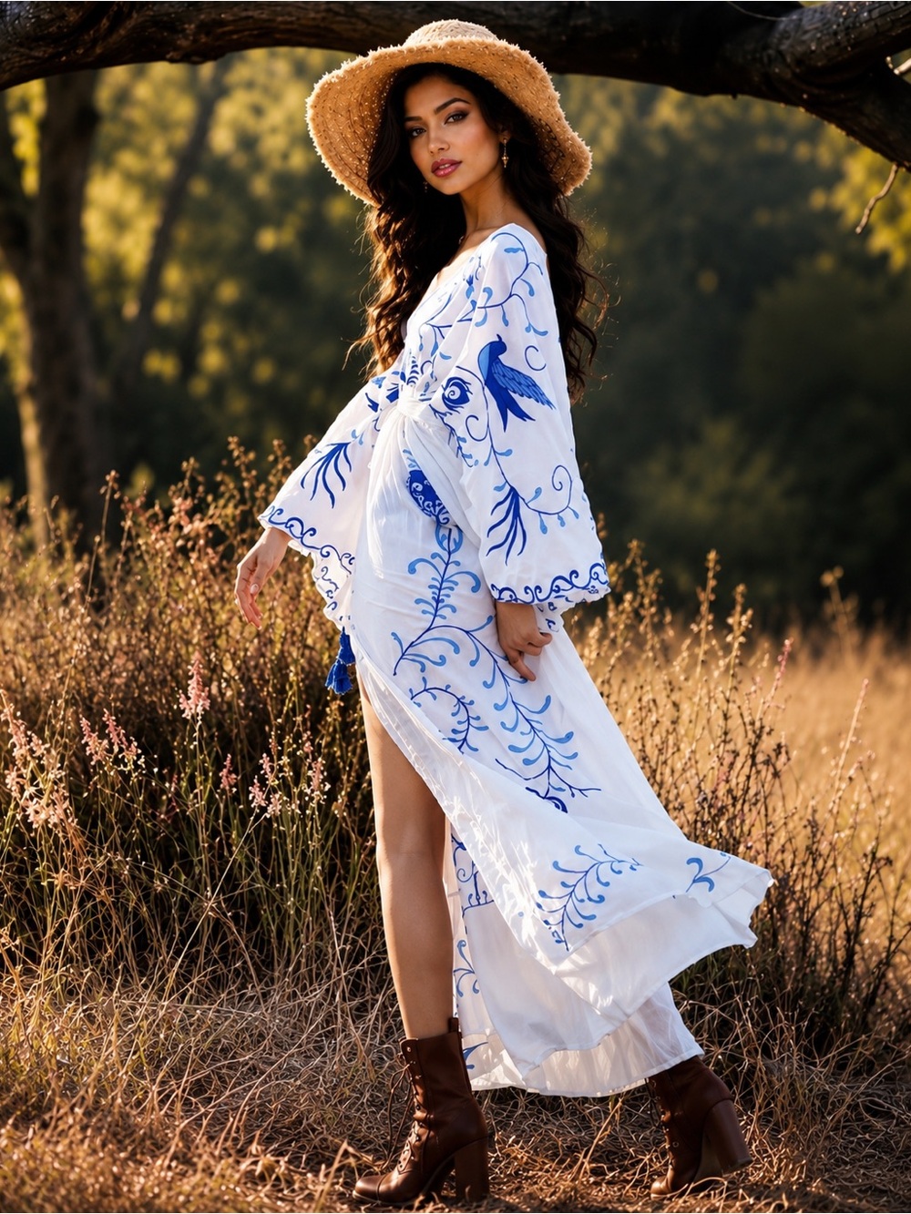 New White Blue Floral Embroidered Boho Maxi Dress Festival Wedding Maternity XL - Picture 4 of 11
